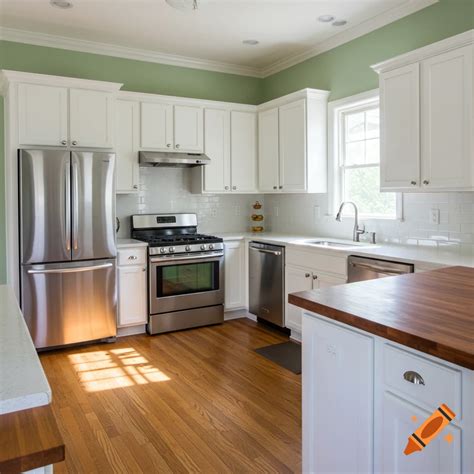 A kitchen with white cabinets, stainless steel appliances, wood floors ...