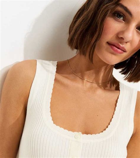 Cream Ribbed Knit Scoop Neck Button Front Vest Top | New Look