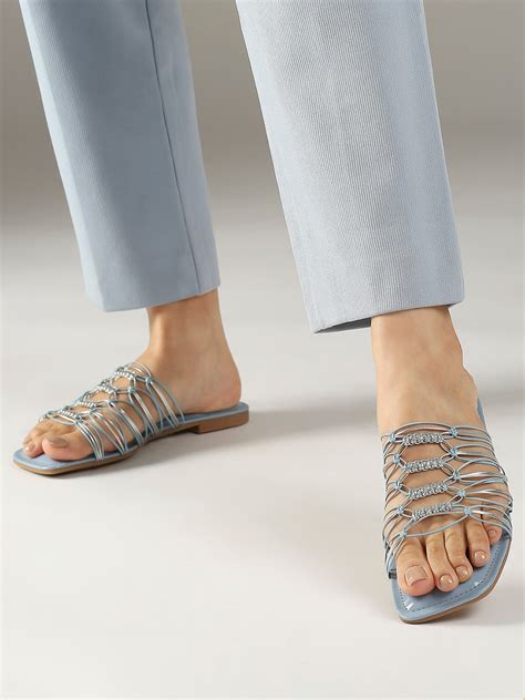 Buy Now Women Blue And Silver-Toned Striped Open Toe Flats