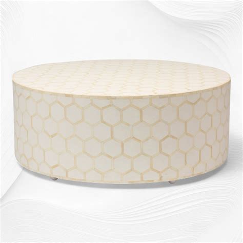 Bone Inlaid Round Coffee Table Honeycomb White | Bone And Wood Inlay T ...