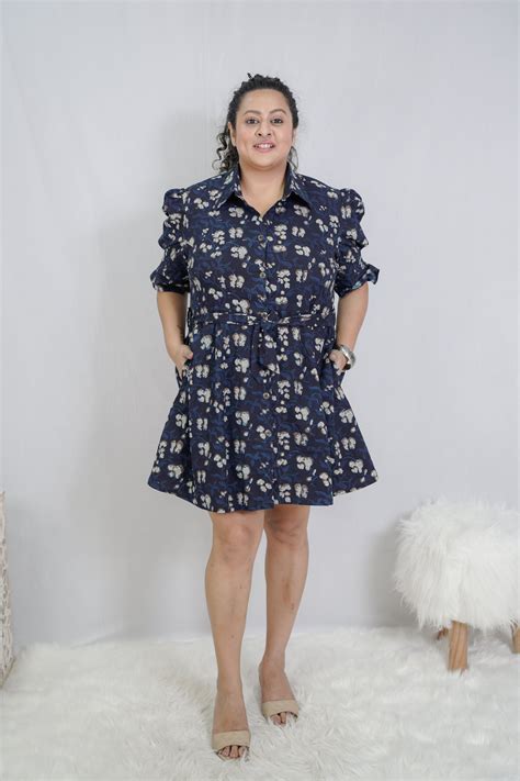 Dark Bue Bagru Handblock Printed Shirt Style Dress