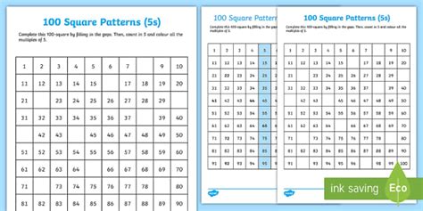 Algebra - 100 Square Patterns (5s) Worksheet