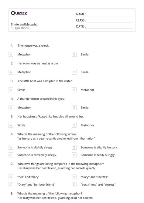 50+ Metaphors worksheets for 1st Class on Quizizz | Free & Printable