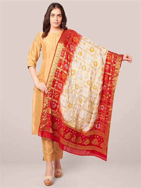 Beige, Red Bandhej Dupatta, largest collection of dupattas, silk ...