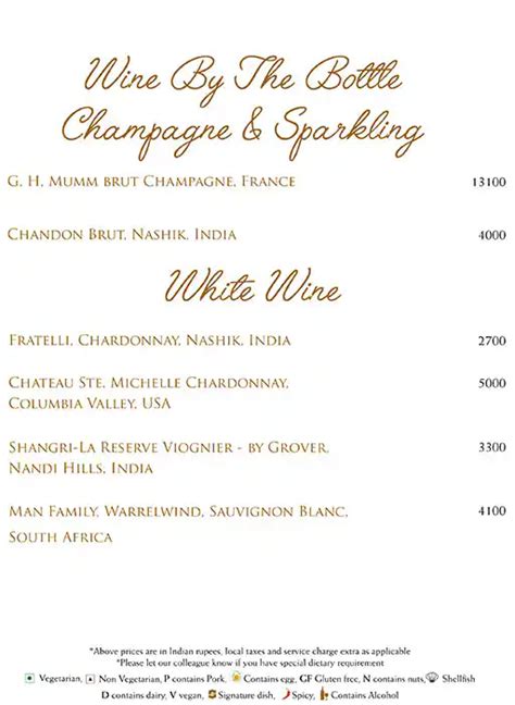 Menu at The Lobby Lounge - Shangri-La Hotel, Bengaluru