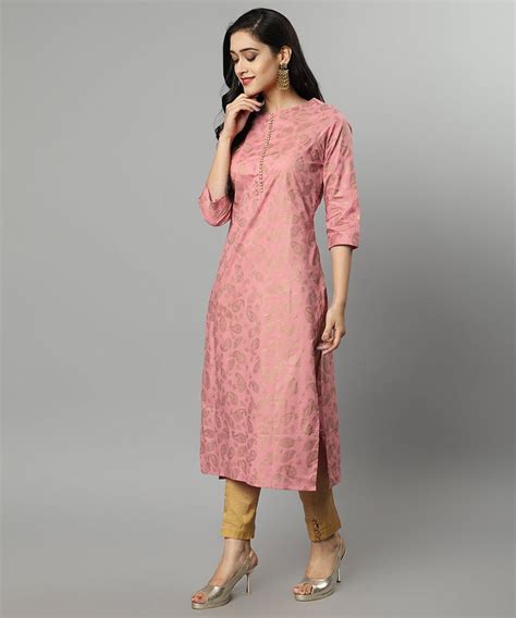Women's Peach Khaddi Print Meher Kurta Cotton, Boat Neck, Cotton| Rang ...