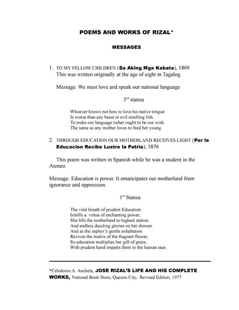 Poems-and-works - Readings and Writing of Rizal - POEMS AND WORKS OF RIZAL* MESSAGES TO MY ...
