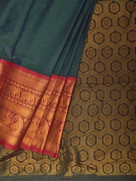 Green and Red Kanchipuram Cotton Viscose Plain Saree with Pallu and Big ...