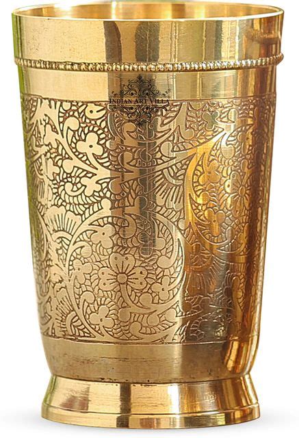 IndianArtVilla (Pack of 6) Brass Glass Tumbler, Embossed Design, 330 ML ...