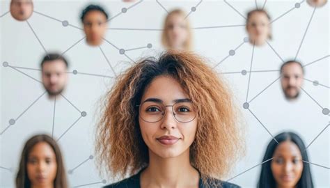 Young professional woman leading diverse team connected by network ...