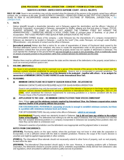 CIV PRO - LANDMARK CASE - Shaffer v. Heitner (quasi in rem) w CLASS ...
