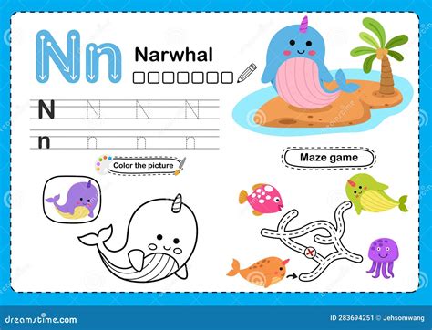 Animal Alphabet Letter N-Narwhal Stock Vector - Illustration of ...