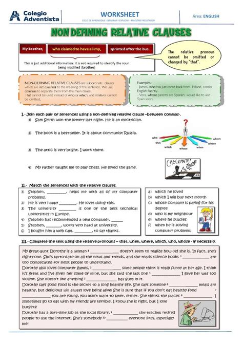 Defining and Non Defining Relative Clauses Worksheet 的图像结果