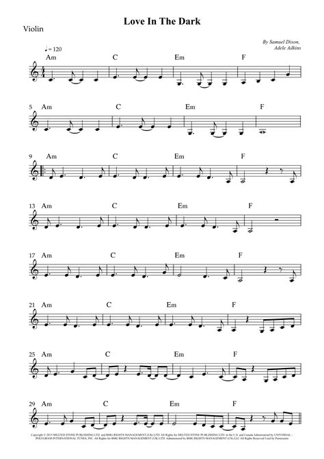 Love In The Dark (arr. Wesley S. SIlva) by Adele Sheet Music for Violin Solo at Sheet Music Direct