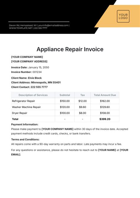Free Appliance Repair Invoice Template to Edit Online