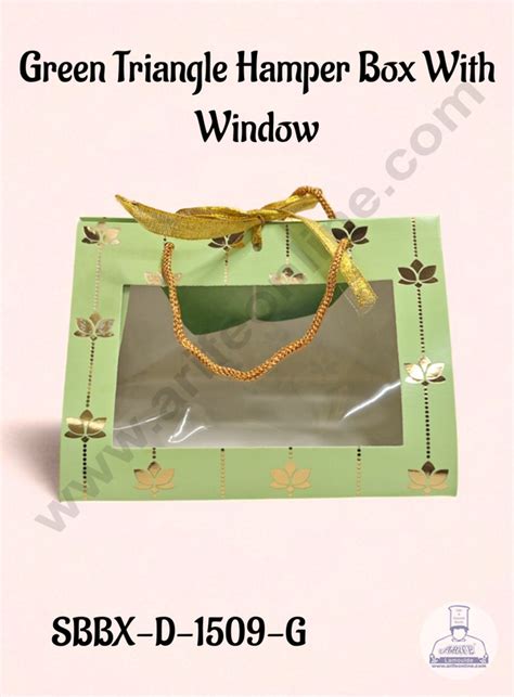 Green Triangle Hamper Box with Window – Gold Lotus Print & Rope Handle ...