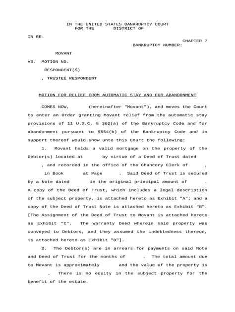 Motion for Relief from Automatic Stay - Blank Fillable Template | Fill ...