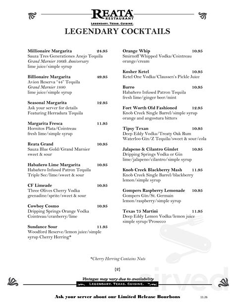Reata Restaurant Menu