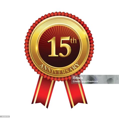 15th Years Anniversary Golden Badge With Red Ribbons Isolated On White ...