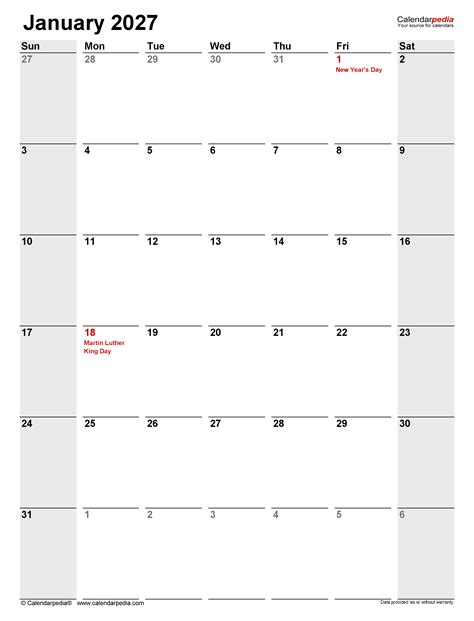 January 2027 Calendar | Templates for PDF, Excel and Word