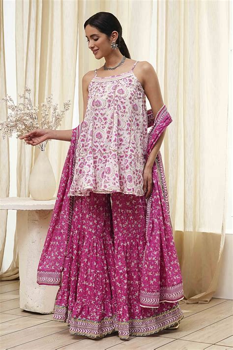 Buy White and Pink Cotton Floral Flared Suit Set Online at Biba India