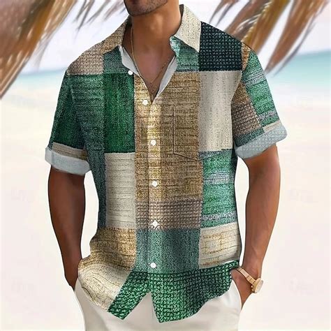 Men's Geometric Color Block Patchwork Shirt Casual Shirt Button Up ...