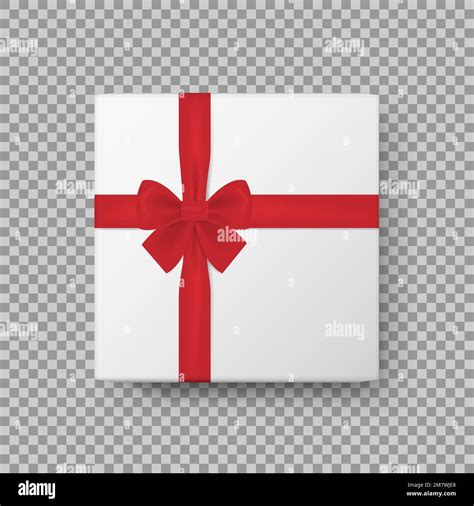 White Gift Box with Shiny Red Satin Bow and Ribbon Top View Close up ...