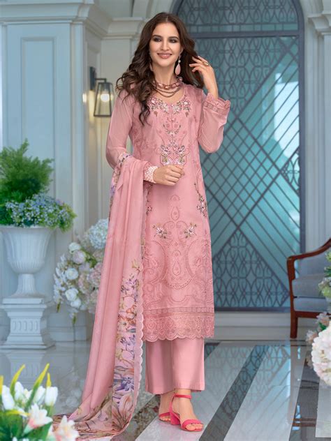 Pink Embroidered Organza Straight Kurta Sets With Dupatta