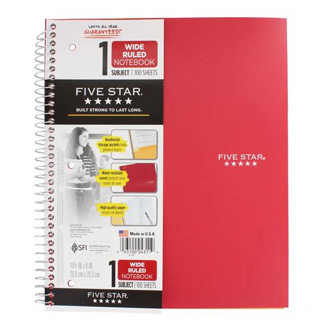 Five Star 1 Subject Wide Ruled Spiral Notebook - Fire Red - Shop ...