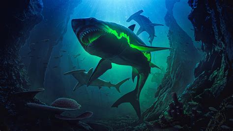 4K Ultra HD Neon Shark: Majestic Deep Sea Predator Wallpaper