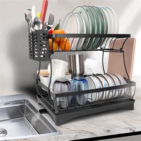 Buy 2 Tier Dish Drying Rack Stainless Steel Large Dish Plate Rack Metal ...