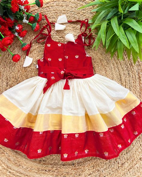 Cream & Maroon Onam Special Kerala Kasavu Frock for Baby Girls ...