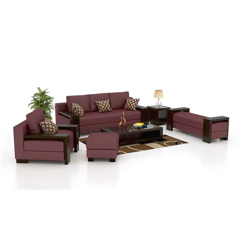 FUNTERIOR 3+2+1 Architectural Wooden Leatherette Sofa Set Cherry Maroon ...