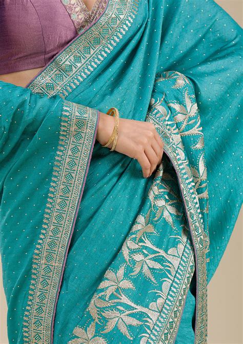 Buy Turquoise Blue Zariwork Soft Silk Saree - Koskii
