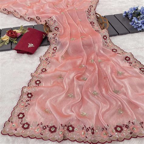 Peach Jimmy Choo Chiffon Saree Adorned With Floral Embroidery & Delica