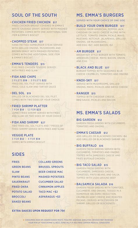 Menu at Emma's Southern Kitchen restaurant, Knoxville