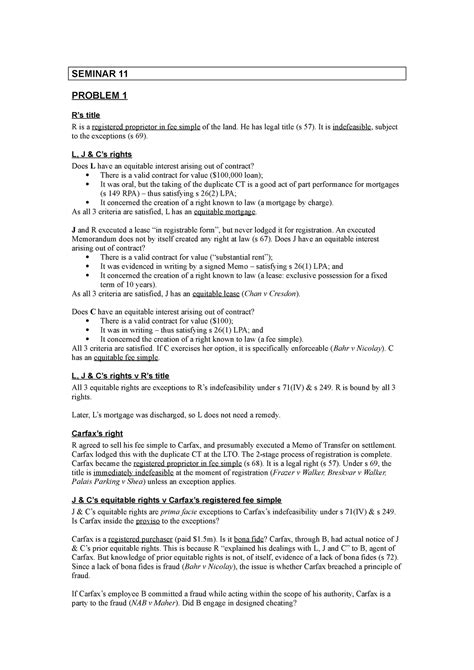 Property Law - Seminar 11 - SEMINAR 11 PROBLEM 1 R’s title R is a ...