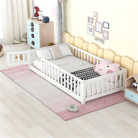 Amazon.com: Harper & Bright Designs Twin Floor Bed with Fence and Door ...