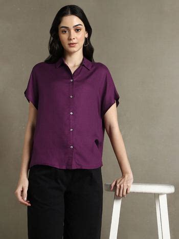 DL Woman Purple Solid Spread Collar Half Sleeves Oversized Shirt ...