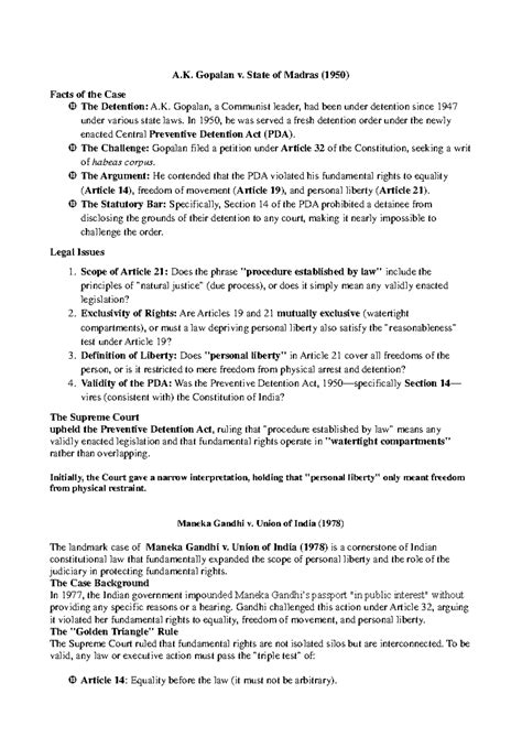 Case Laws on Fundamental Rights and Personal Liberty in India - Studocu