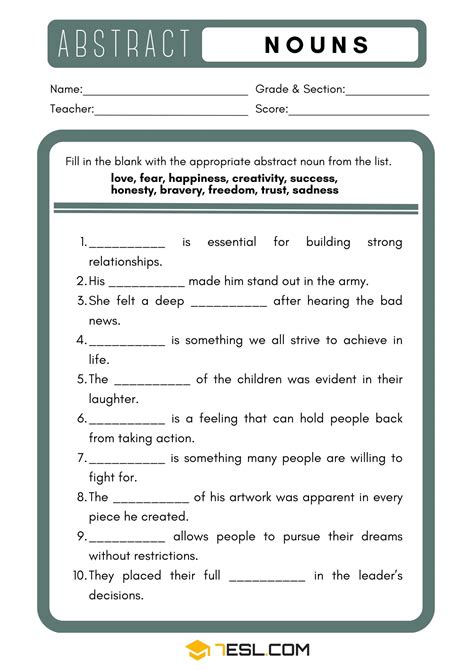 Image result for Abstract Noun Exercise