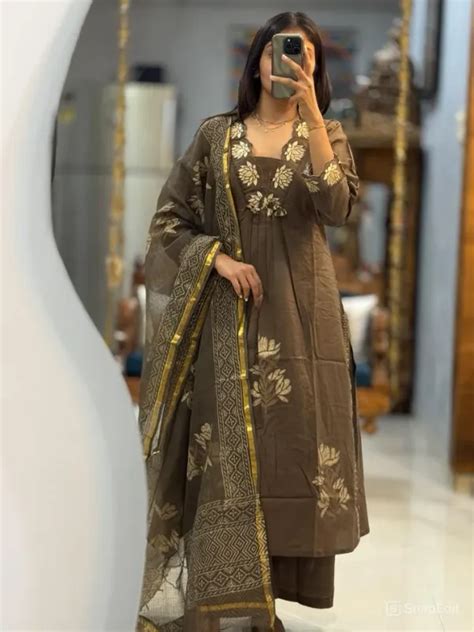 Jaipuri Kurta Coffee Brown Embroidered Cotton Kurta Set with Pants ...