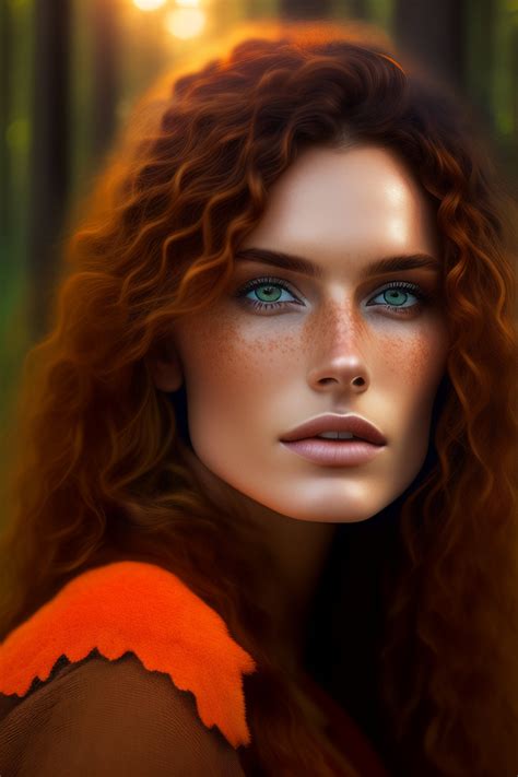 Lexica - Brunette, wild hair, orange eyes, freckles, forest woman