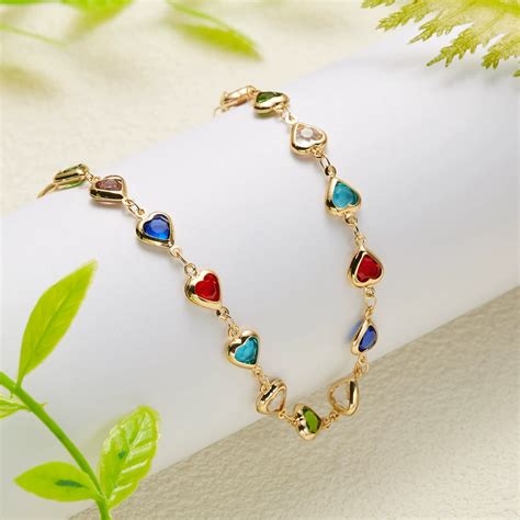 Multicolor Heart Charm Anklet with Glossy Stone Detailing JLTAK0018