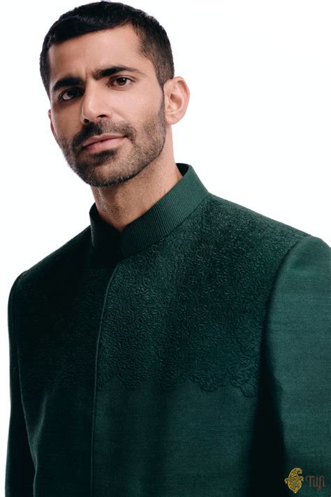 Deep Green Pure Monga Silk Handwoven Bandhgala - Tilfi