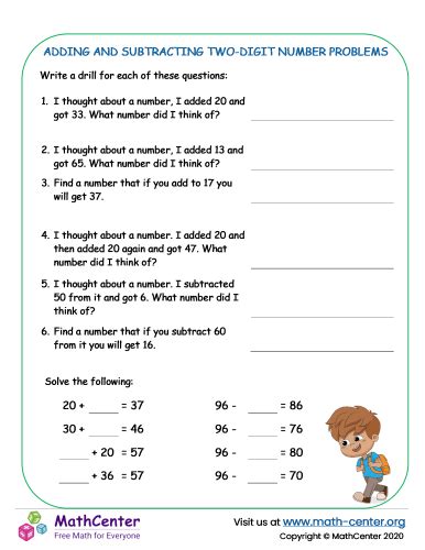 Adding and subtracting two-digit numbers problems | Worksheets | Math ...