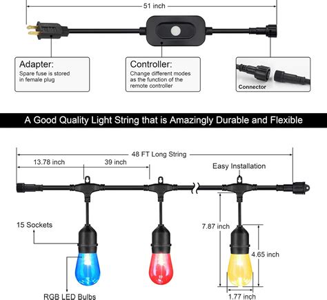 Buy 48FT Outdoor Patio Lights, RGB Cafe String Lights with 15 E26 S14 ...
