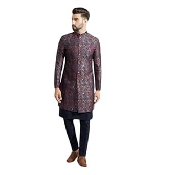 Buy KISAH Men's Kurta Indo-Western Sherwani Trouser Set, Multi Silk ...