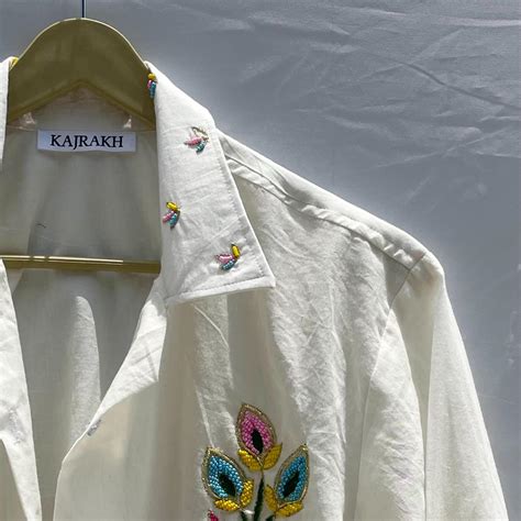 White Hand Embroidery Cotton Shirt - KJ0162 – Kajrakh
