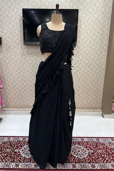 Black Beads, Pearl and Sequins work Crop Top Lehenga with Attached Dup ...